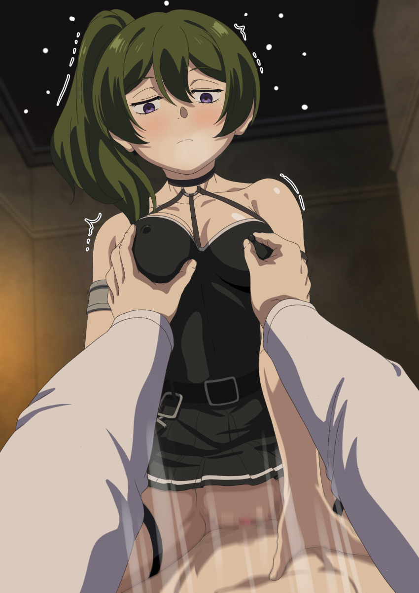 1boy 1girl arm_strap armlet bare_shoulders belt black_belt black_dress blush breasts choker closed_mouth clothed_sex collarbone covered_nipples cowgirl_position dbmaster dress girl_on_top grabbing grabbing_another's_breast green_hair hair_between_eyes hetero highres land_(sousou_no_frieren) long_hair nipple_stimulation nipple_tweak pov pov_hands purple_eyes sex side_ponytail solo_focus sousou_no_frieren straddling thigh_strap ubel_(sousou_no_frieren)