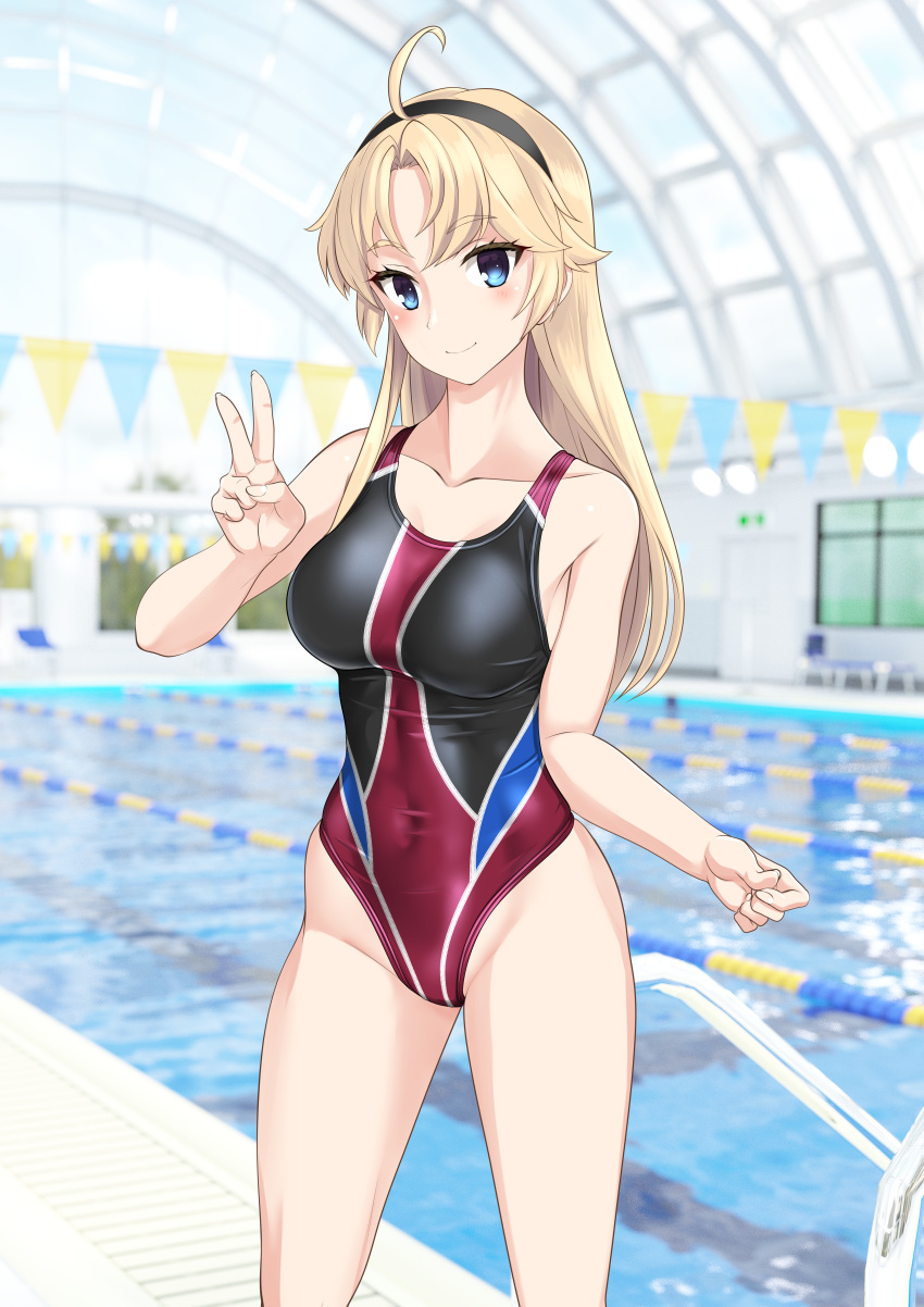 1girl absurdres ahoge black_hairband blonde_hair blue_eyes breasts collarbone commentary_request competition_swimsuit covered_navel feet_out_of_frame hairband highleg highleg_swimsuit highres indoors kohagura_ellen lane_line long_hair medium_breasts multicolored_clothes multicolored_swimsuit one-piece_swimsuit pool pool_ladder purple_one-piece_swimsuit solo standing string_of_flags swimsuit takafumi toji_no_miko v variant_set