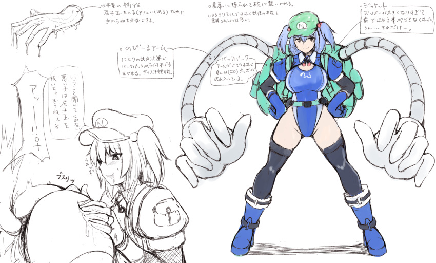 1girl backpack bag black_legwear blue_footwear blue_gloves blue_hair blue_swimsuit boots breasts commentary_request gloves green_headwear hair_bobbles hair_ornament hands_on_hips hat highleg highres kawashiro_nitori large_breasts looking_at_viewer mechanical_arms one-piece_swimsuit shetake short_twintails single_mechanical_arm sketch smile swimsuit thighhighs touhou translation_request twintails