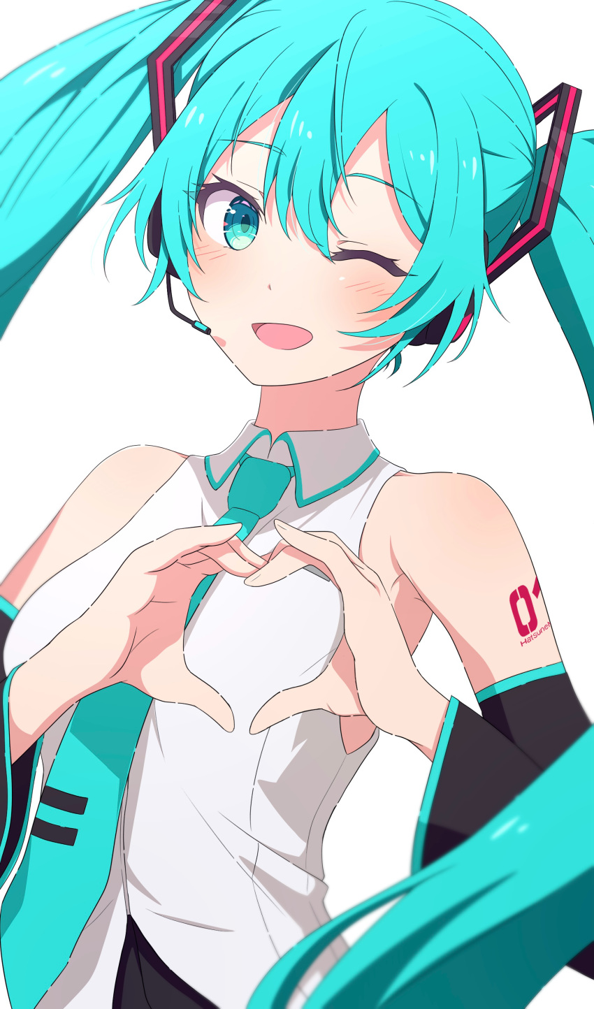 1girl ;d absurdres aqua_eyes aqua_hair aqua_necktie arm_tattoo armpit_crease black_sleeves blush camui1104 collared_shirt detached_sleeves hatsune_miku heart heart_hands highres long_hair looking_at_viewer necktie one_eye_closed open_mouth shirt simple_background sleeveless sleeveless_shirt smile solo tattoo twintails upper_body very_long_hair vocaloid white_background white_shirt