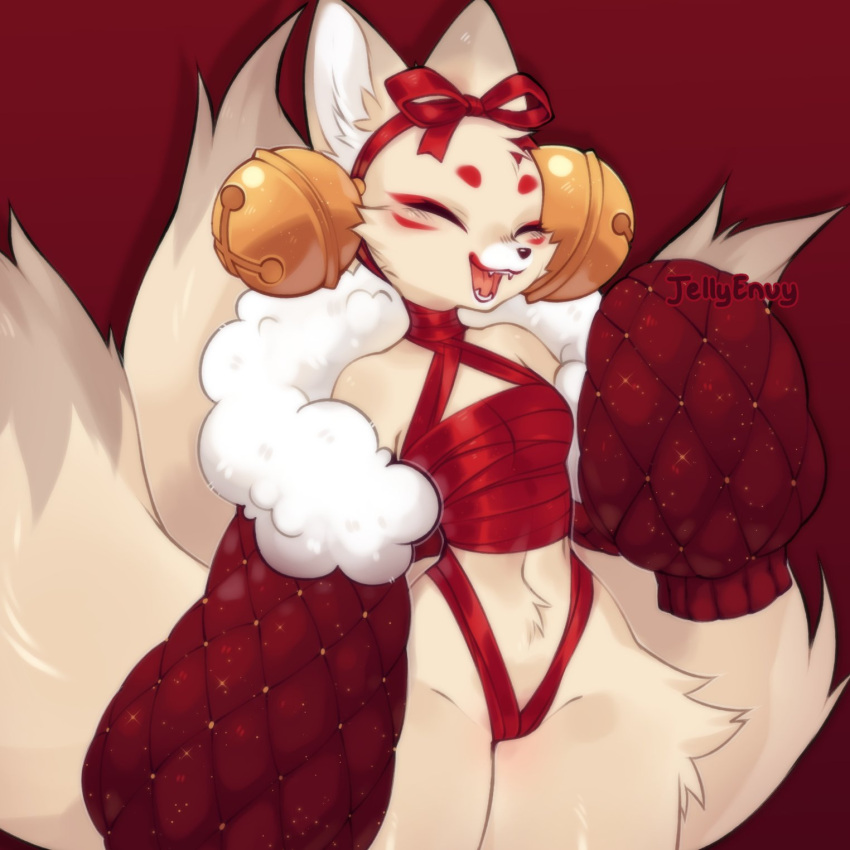 anthro asian_mythology bell breasts canid canine clothing dipstick_tail east_asian_mythology eyes_closed female fox fur hi_res japanese_mythology jellyenvy mammal markings miki_(jealousjelly) multi_tail mythology navel red_clothing ribbons small_breasts smile solo tail tail_markings tan_body tan_fur thick_thighs