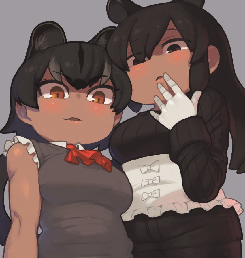 2girls alternate_skin_color animal_ears arm_at_side ascot bare_arms bare_shoulders bell_(hellchan3) black_hair blush brown_eyes brown_hair corset dark-skinned_female dark_skin double-parted_bangs extra_ears fossa_(kemono_friends) frills gloves grey_background grey_hair hand_to_own_mouth hand_up height_difference highres kemono_friends light_blush lips long_hair long_sleeves looking_at_viewer malayan_tapir_(kemono_friends) multicolored_hair multiple_girls parted_lips red_ascot shirt short_hair shorts side-by-side simple_background sleeveless sleeveless_shirt sweater sweater_vest tail tapir_ears taut_clothes undershirt upper_body white_gloves white_undershirt