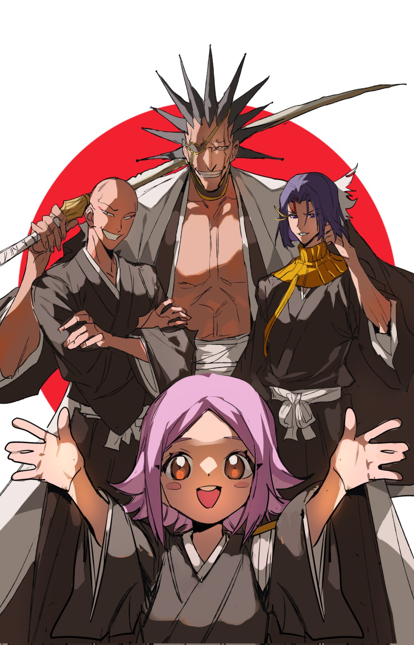 1girl 3boys :d abs ayasegawa_yumichika bald belt black_hair black_kimono bleach brown_eyes commentary corrupted_twitter_file eyepatch grin highres holding holding_sword holding_weapon japanese_clothes katana kimono kusajishi_yachiru large_pectorals madarame_ikkaku multiple_boys muscular muscular_male open_clothes open_kimono open_mouth outstretched_arms over_shoulder pectorals purple_hair scar scar_across_eye smile spiked_hair standing sword sword_over_shoulder teeth upper_teeth_only weapon weapon_over_shoulder white_belt white_haori xi_luo_an_ya zaraki_kenpachi