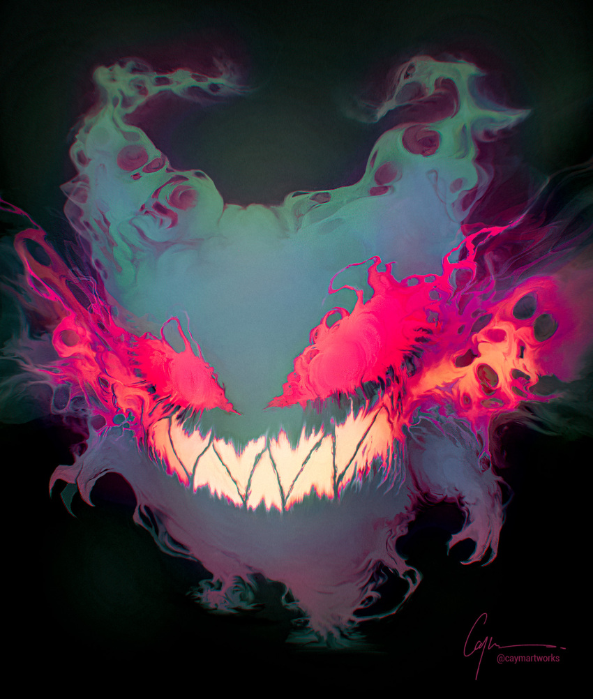 2020 3_fingers alternate_form ambiguous_gender ambiguous_humanoid black_background caymartworks energy eye_mist fingers front_view full-length_portrait generation_1_pokemon gengar ghost glowing glowing_eyes glowing_teeth grin hi_res high-angle_view humanoid looking_at_viewer nintendo not_furry pink_eyes pokemon pokemon_(species) portrait pupils realistic sharp_teeth short_arms simple_background slit_pupils smile solo spirit standing teeth