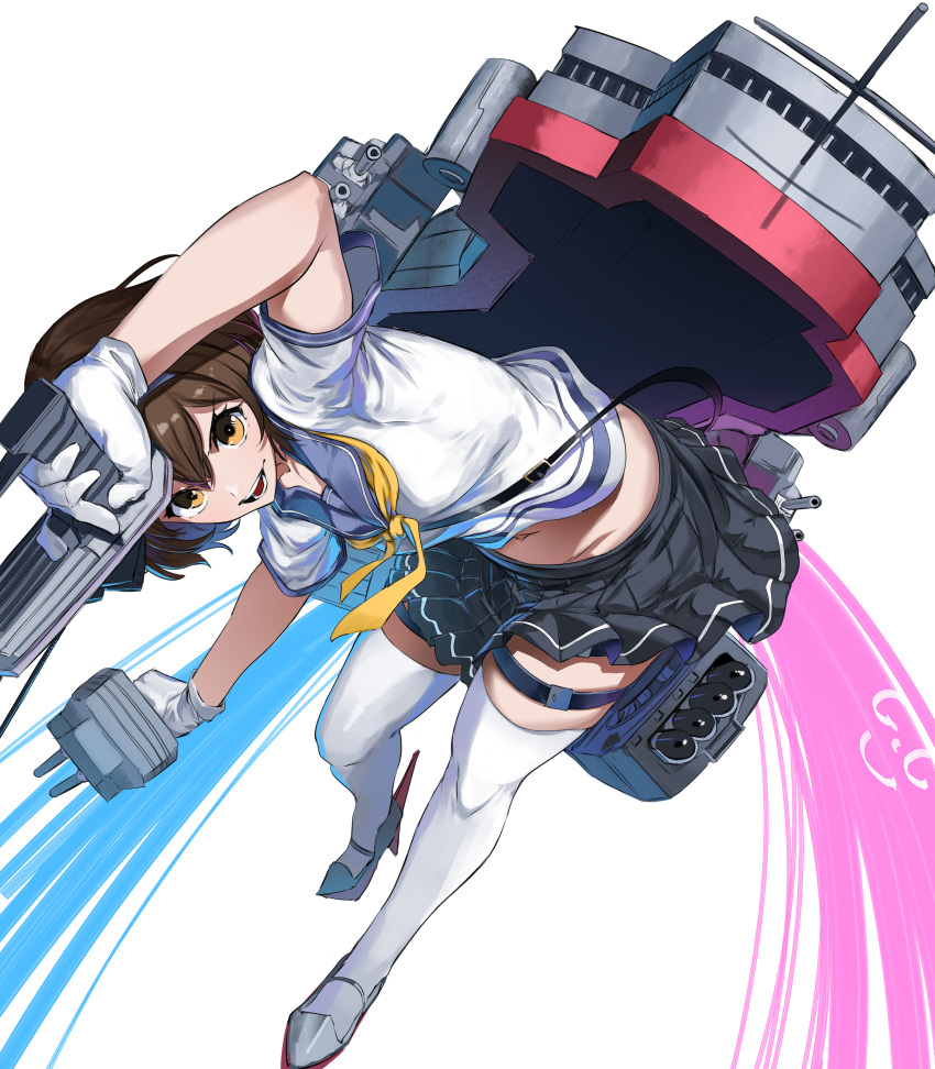 1girl absurdres adapted_turret blush breasts brown_eyes brown_hair cannon gegeron gloves hairband highres kantai_collection looking_at_viewer machinery neckerchief open_mouth ribbon rigging school_uniform serafuku short_hair signature small_breasts smile smokestack solo tanikaze_(kancolle) thighhighs torpedo torpedo_launcher torpedo_tubes turret white_background white_gloves white_thighhighs