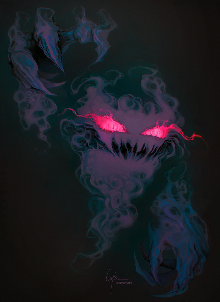 2020 air_creature alternate_form big_hands black_background caymartworks disembodied_head elemental_creature floating_hands front_view full-length_portrait generation_1_pokemon ghost glowing glowing_eyes haunter hi_res jagged_mouth living_smoke looking_at_viewer nintendo not_furry open_mouth pink_eyes pink_sclera pokemon pokemon_(species) portrait pupils purple_body reaching_towards_viewer realistic simple_background slit_pupils smoke solo spirit