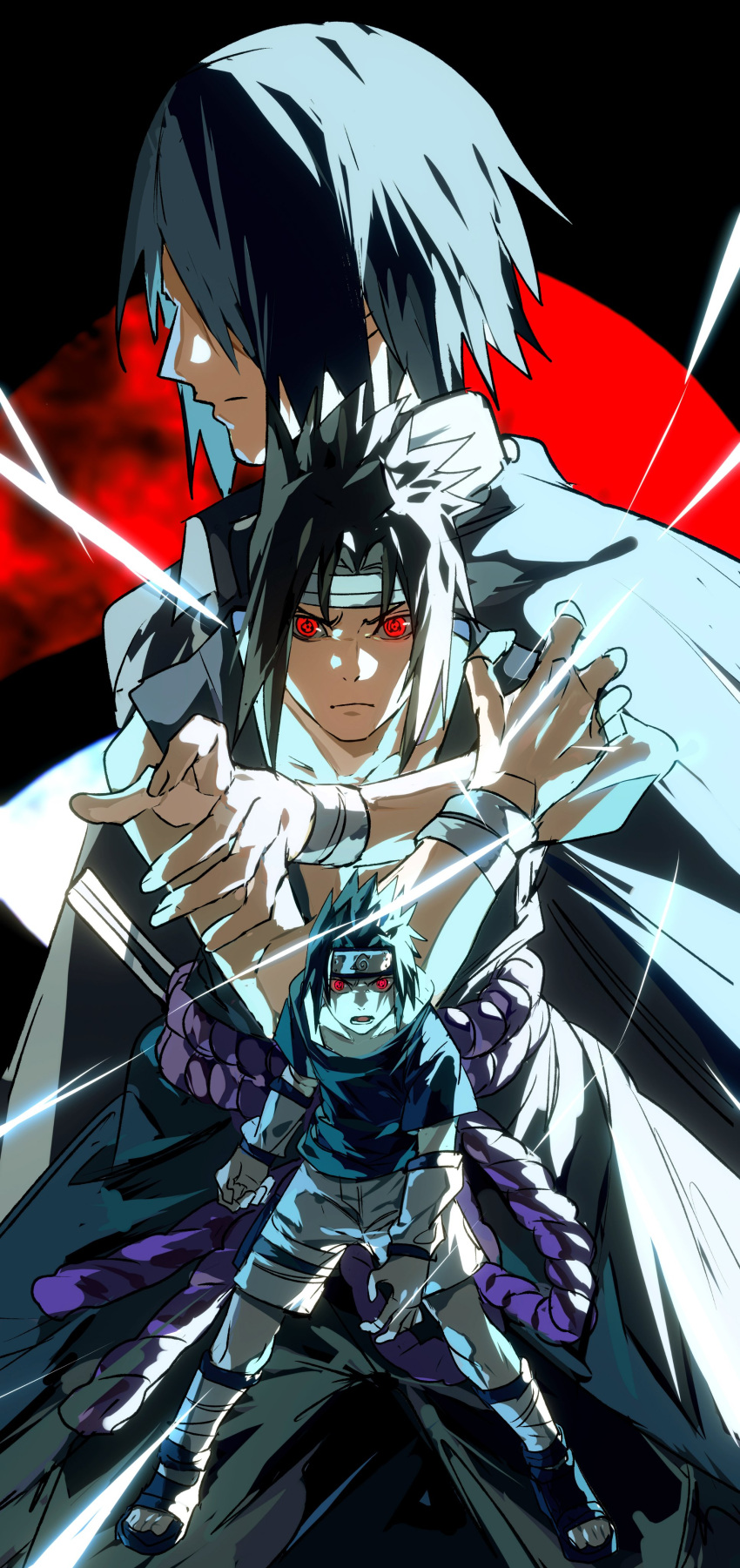 1boy absurdres age_progression black_background black_hair black_shirt closed_mouth electricity electrokinesis hand_up highres naruto naruto_(series) open_mouth red_eyes sandals shirt shorts simple_background spiked_hair uchiha_sasuke xi_luo_an_ya