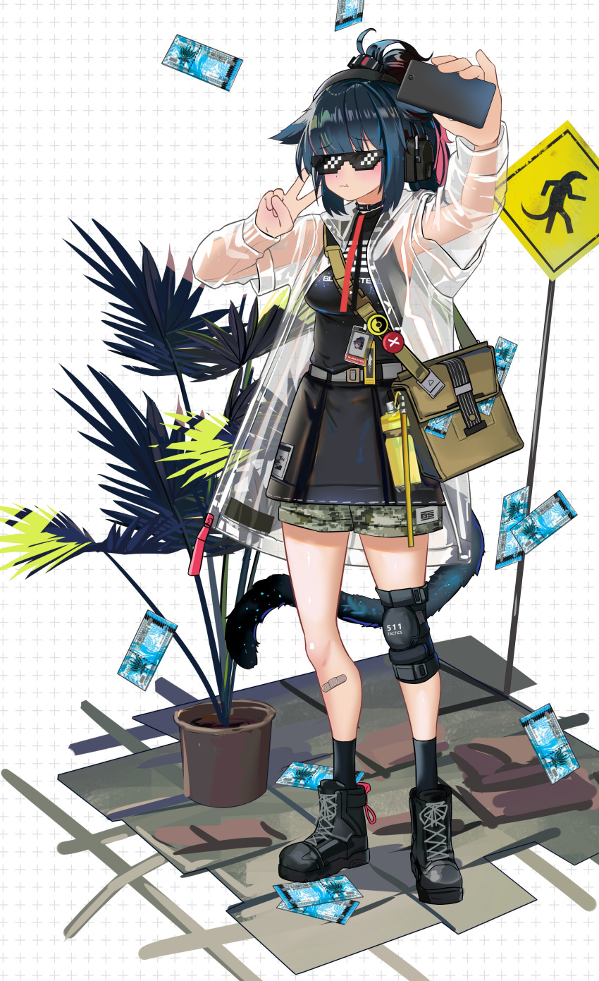 1girl absurdres animal_ears arknights bag bangs black_dress black_footwear black_hair black_legwear boots camouflage camouflage_shorts cat_ears cat_girl cat_tail closed_mouth deal_with_it dress earmuffs full_body green_eyes hamachi_hazuki highres holding holding_phone id_card jacket jessica_(arknights) knee_pads lungmen_dollar money phone plant pot pout see-through see-through_jacket selfie shorts shoulder_bag signpost single_knee_pad solo standing sunglasses tail v white_background
