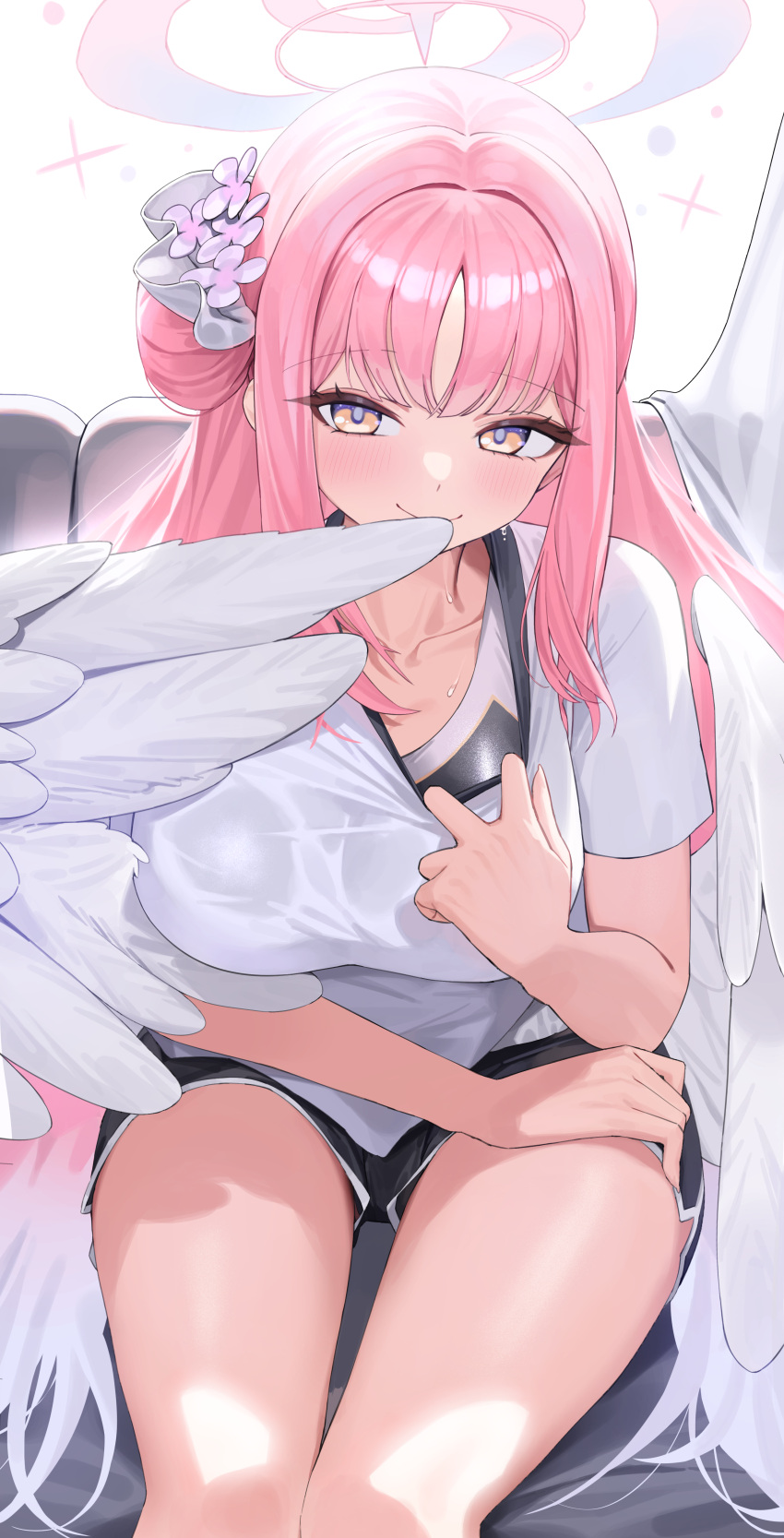 1girl absurdres angel_wings black_shorts blue_archive blush breasts closed_mouth collarbone feathered_wings feet_out_of_frame flower gym_shirt gym_shorts gym_uniform hair_bun hair_flower hair_ornament halo highres large_breasts long_hair looking_at_viewer mika_(blue_archive) pink_hair pink_halo purple_flower rivet_(vvrn2825) shirt short_sleeves shorts simple_background single_side_bun smile solo sweat white_background white_shirt white_wings wings yellow_eyes