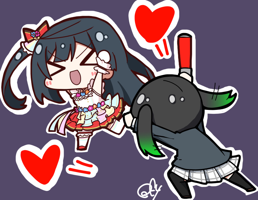 &gt;_&lt; 2girls :d absurdres arms_up black_hair black_jacket blazer bridal_garter cheering chibi chibi_only commentary_request cross-laced_clothes cross-laced_top facing_away facing_viewer flower frilled_cuffs frilled_straps frills glowstick gradient_hair green_hair hair_ornament heart highres holding_glowstick jacket long_hair long_sleeves love_live! love_live!_nijigasaki_high_school_idol_club love_u_my_friends medium_hair multicolored_hair multiple_girls nijigasaki_academy_school_uniform one_side_up oofushi_ao open_mouth outline penlight_(glowstick) plaid plaid_skirt pleated_skirt purple_background rainbow_skirt ribbon school_uniform signature skirt smile takasaki_yu thighhighs twintails two-tone_hair v-shaped_eyebrows white_outline white_skirt winter_uniform xd yuki_setsuna_(love_live!)