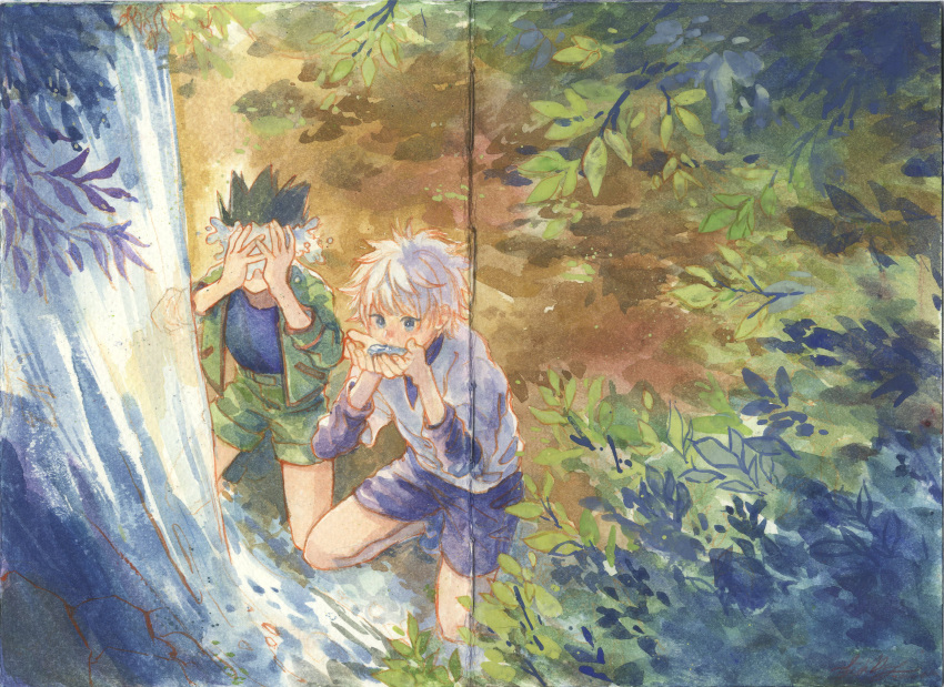 2boys bare_legs black_hair blue_eyes blue_shirt blue_shorts child chinese_commentary covering_face covering_own_eyes cupping_hands day drinking fishdry gon_freecss green_jacket green_shorts grey_shirt hands_up highres holding hunter_x_hunter jacket killua_zoldyck kneeling leaf long_sleeves male_focus multiple_boys open_clothes outdoors own_hands_together painting_(medium) shirt short_hair shorts spiked_hair splashing traditional_media washing_face water watercolor_(medium) waterfall white_hair white_shirt