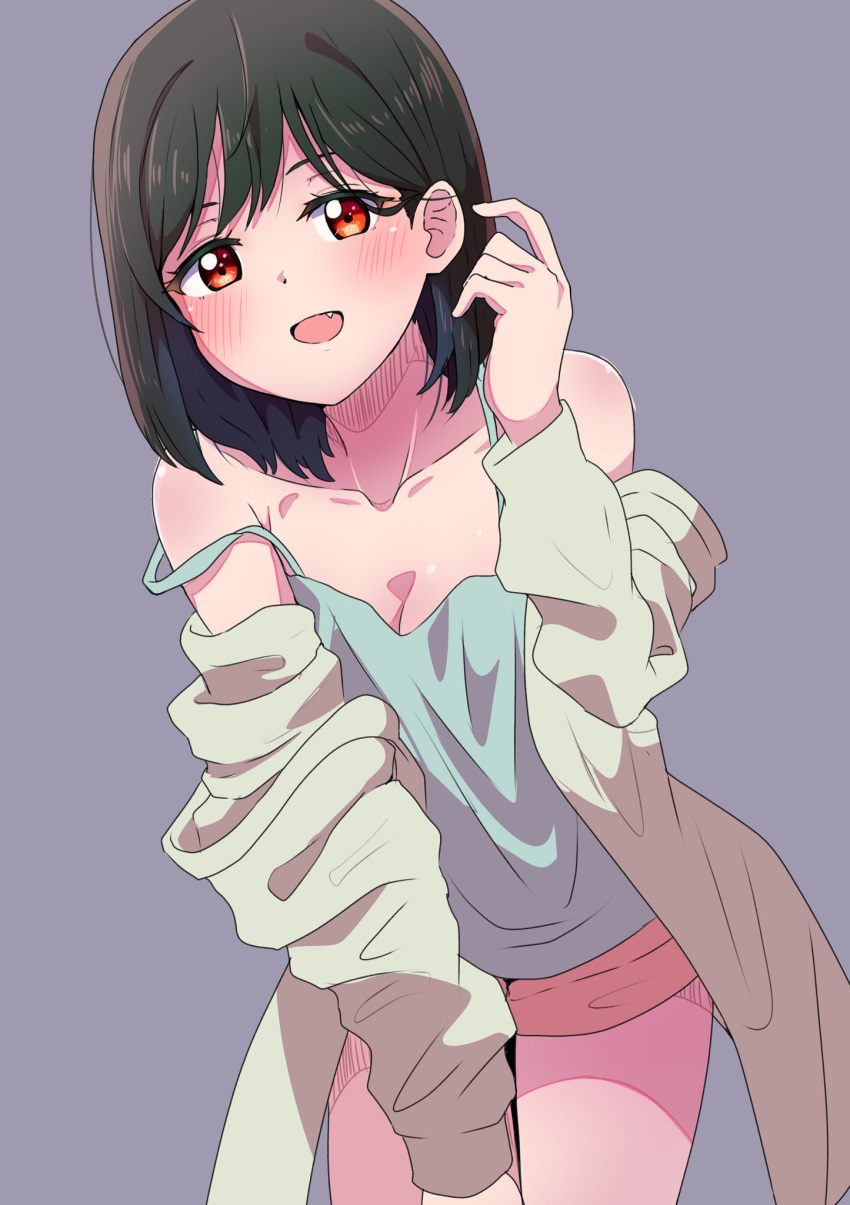1girl black_hair blue_camisole breasts camisole cleavage coat coat_partially_removed collarbone commentary_request fang green_coat grey_background hand_on_own_thigh hand_up highres long_sleeves looking_at_viewer love_live! love_live!_nijigasaki_high_school_idol_club medium_breasts mifune_shioriko off_shoulder open_mouth pink_shorts red_eyes short_hair shorts solo strap_slip taiyakippassion