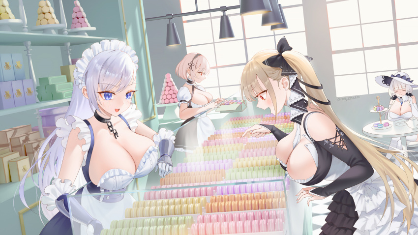 4girls absurdres azur_lane belfast_(azur_lane) blue_eyes breasts cleavage collar dress food formidable_(azur_lane) frilled_dress frills gauntlets gloves hair_ribbon highres illustrious_(azur_lane) indoors large_breasts long_hair macaron maid maid_headdress multiple_girls ribbon sirius_(azur_lane) white_hair window zzo_(chorizzzzo)