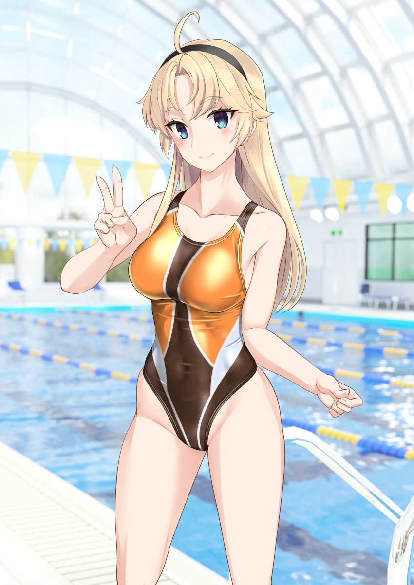1girl absurdres ahoge black_hairband blonde_hair blue_eyes breasts brown_one-piece_swimsuit collarbone commentary_request competition_swimsuit covered_navel feet_out_of_frame hairband highleg highleg_swimsuit highres indoors kohagura_ellen lane_line long_hair medium_breasts multicolored_clothes multicolored_swimsuit one-piece_swimsuit pool pool_ladder solo standing string_of_flags swimsuit takafumi toji_no_miko v variant_set