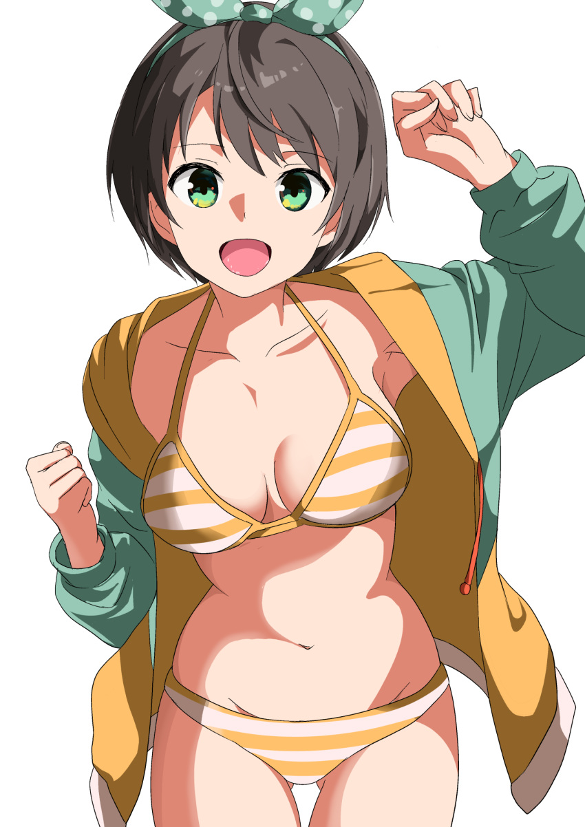 bikini black_hair blue_jacket breasts cowboy_shot green_eyes hair_ribbon highres hololive jacket kishishi_(kishiman-ya) medium_breasts navel oozora_subaru open_mouth polka_dot polka_dot_ribbon ribbon short_hair simple_background smile striped_bikini striped_clothes swimsuit virtual_youtuber white_background yellow_bikini