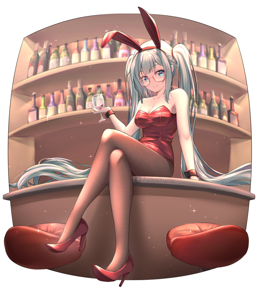 1girl absurdres alcohol alternate_costume animal_ears aqua_eyes aqua_hair artist_name bar_(place) bare_shoulders breasts brown_pantyhose cleavage collarbone counter crossed_legs cup drinking_glass fake_animal_ears full_body glasses hair_between_eyes hatsune_miku high_heels highres leotard long_hair looking_at_viewer medium_breasts pantyhose pillow playboy_bunny pumps rabbit_ears red-framed_eyewear red_footwear red_leotard shoes sinyamato96 sitting smile solo sparkle stiletto_heels strapless strapless_leotard twintails very_long_hair vocaloid wine wine_glass wrist_cuffs