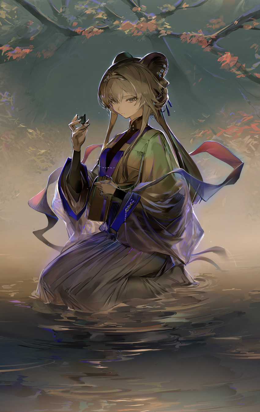 1girl absurdres animal_ears arknights breasts closed_mouth flower hairband highres holding japanese_clothes jewelry kimono koio lin_(arknights) long_hair long_sleeves medium_breasts mouse_ears mouse_girl nature outdoors pink_hair purple_eyes sitting solo tagme tree water wide_sleeves