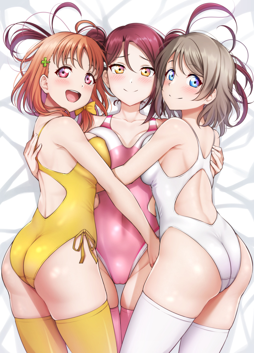3girls absurdres ahoge asymmetrical_docking blue_eyes braid breast_press breasts brown_hair clover_hair_ornament competition_swimsuit cowboy_shot hair_ornament highres hug large_breasts long_hair love_live! love_live!_sunshine!! lying mibushiro multiple_girls one-piece_swimsuit open_mouth pink_one-piece_swimsuit pink_thighhighs red_hair ribbon sakurauchi_riko short_hair side-tie_swimsuit side_braid smile swimsuit symmetrical_docking takami_chika teeth thighhighs twintails upper_teeth_only watanabe_you white_one-piece_swimsuit white_thighhighs yellow_eyes yellow_one-piece_swimsuit yellow_ribbon yellow_thighhighs