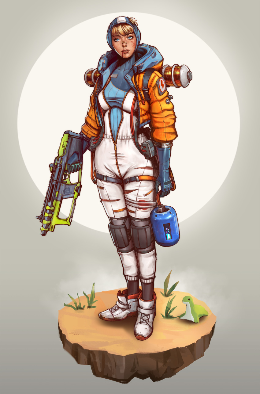 1girl absurdres apex_legends bandaid bandaid_on_face batter belt blood blood_from_mouth blue_gloves bodysuit breasts cable covered_collarbone english_commentary full_body gloves grass gun head_tilt highres holding holding_gun holding_weapon hood hood_down hood_up hooded_bodysuit hooded_jacket jacket lightning_bolt_symbol medium_breasts nessie_(respawn) orange_jacket parted_lips ribbed_bodysuit shoes sneakers solo thigh_belt thigh_strap tmact torn_clothes trigger_discipline wattson_(apex_legends) weapon white_bodysuit white_footwear