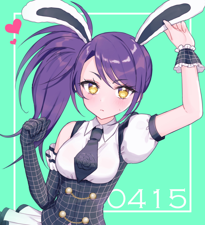 1girl absurdres animal_ears arm_up black_gloves black_necktie breasts closed_mouth collared_shirt elbow_gloves fake_animal_ears gloves green_background hair_between_eyes hand_up highres holding_ear hourai_ninjin long_hair looking_at_viewer medium_breasts necktie pretty_series pripara purple_hair rabbit_ears shirt side_ponytail single_glove solo sweat toudou_shion upper_body white_shirt wrist_cuffs yellow_eyes