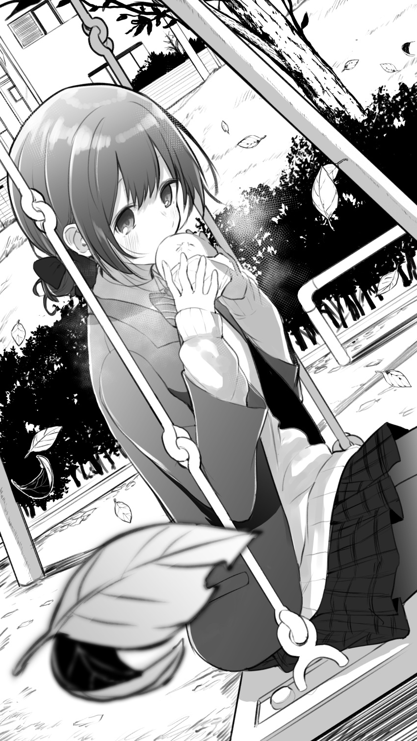 1girl absurdres black_legwear blazer blurry blurry_foreground bow bowtie commentary_request cowboy_shot depth_of_field dumpling dutch_angle eating falling_leaves folded_ponytail food greyscale highres holding holding_food idolmaster idolmaster_shiny_colors inui/byte jacket leaf long_sleeves looking_away monochrome morino_rinze outdoors pantyhose plaid plaid_skirt playground school_uniform sitting skirt solo sweater swing