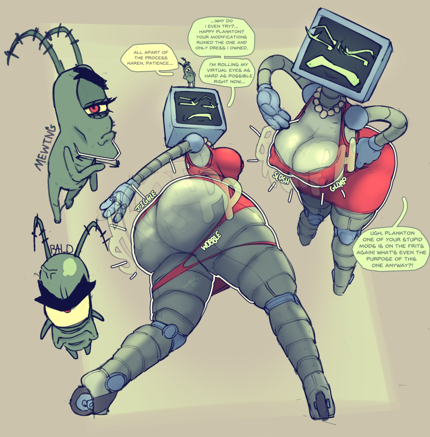 1_eye 2024 anthro big_breasts big_butt breasts butt clothing dress duo ellipsis english_text exclamation_point eyebrows female for_a_head frown green_body grey_body hi_res humanoid karen_plankton looking_at_viewer machine male marine nickelodeon not_furry object_head onomatopoeia plankton_(species) question_mark red_eyes robot robot_humanoid sheldon_j._plankton sixsidesofmyhead sound_effects speech_bubble spongebob_squarepants text torn_clothing unibrow vein