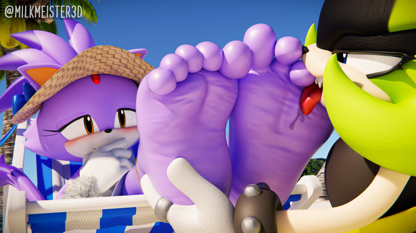 2024 3d_(artwork) 5_toes absurd_res afrosoricid anklet anthro barefoot beach beach_chair big_feet blaze_the_cat blush clothing digit_ring digital_media_(artwork) domestic_cat duo feet felid feline felis female female/female finger_ring foot_fetish foot_focus foot_lick foot_play footwear fur green_body green_fur hat headgear headwear hi_res humanoid_feet idw_publishing jewelry licking mammal milkmeister3d palm_tree plant plantigrade purple_body purple_fur sandals sega sharp_teeth soles sonic_the_hedgehog_(comics) sonic_the_hedgehog_(idw) sonic_the_hedgehog_(series) sun_hat surge_the_tenrec teeth tenrec toes tongue tongue_out tree wrinkled_feet wrinkles