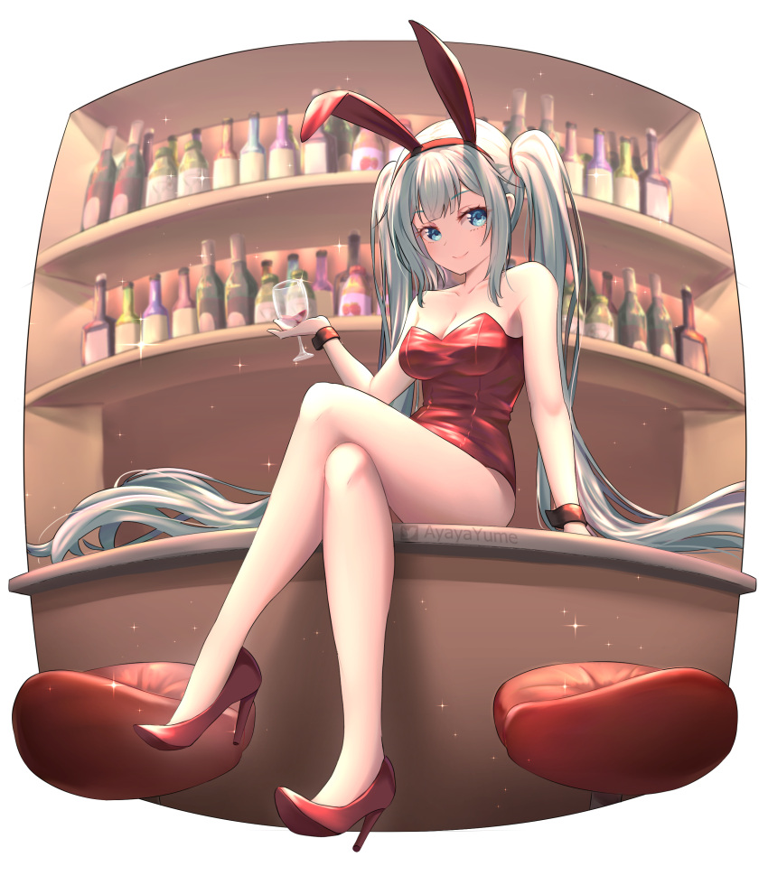 1girl absurdres alcohol alternate_costume animal_ears aqua_eyes aqua_hair artist_name bar_(place) bare_legs bare_shoulders breasts brown_pantyhose cleavage collarbone counter crossed_legs cup drinking_glass fake_animal_ears full_body hair_between_eyes hatsune_miku high_heels highres leotard long_hair looking_at_viewer medium_breasts pantyhose pillow playboy_bunny pumps rabbit_ears red_footwear red_leotard shoes sinyamato96 sitting smile solo sparkle stiletto_heels strapless strapless_leotard twintails very_long_hair vocaloid wine wine_glass wrist_cuffs