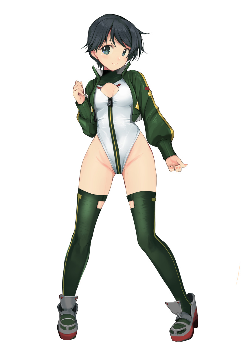 1girl absurdres alice_gear_aegis black_hair character_name circle_cutout cleavage_cutout clothing_cutout commentary_request companion/af covered_collarbone front_zipper full-length_zipper full_body green_eyes green_jacket green_thighhighs grey_footwear highleg highleg_leotard highres jacket kantai_collection leotard mogami_(kancolle) race_queen short_hair simple_background sleeveless_turtleneck_leotard smile solo thighhighs turtleneck_leotard two-tone_leotard white_background white_leotard yashin_(yasinz) zipper zipper_leotard zipper_pull_tab