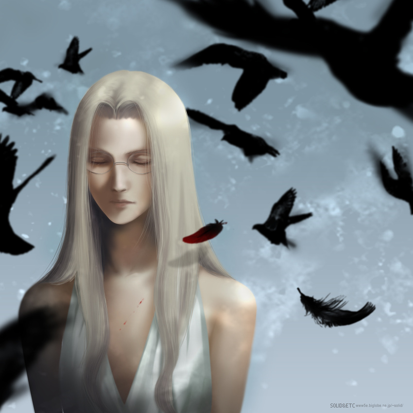 1girl artist_name bird black_bird black_feathers blonde_hair blood closed_eyes dress feathers flat_chest forehead glasses hellsing highres integra_hellsing long_hair solo toshimichi_yukari underwear web_address white_dress