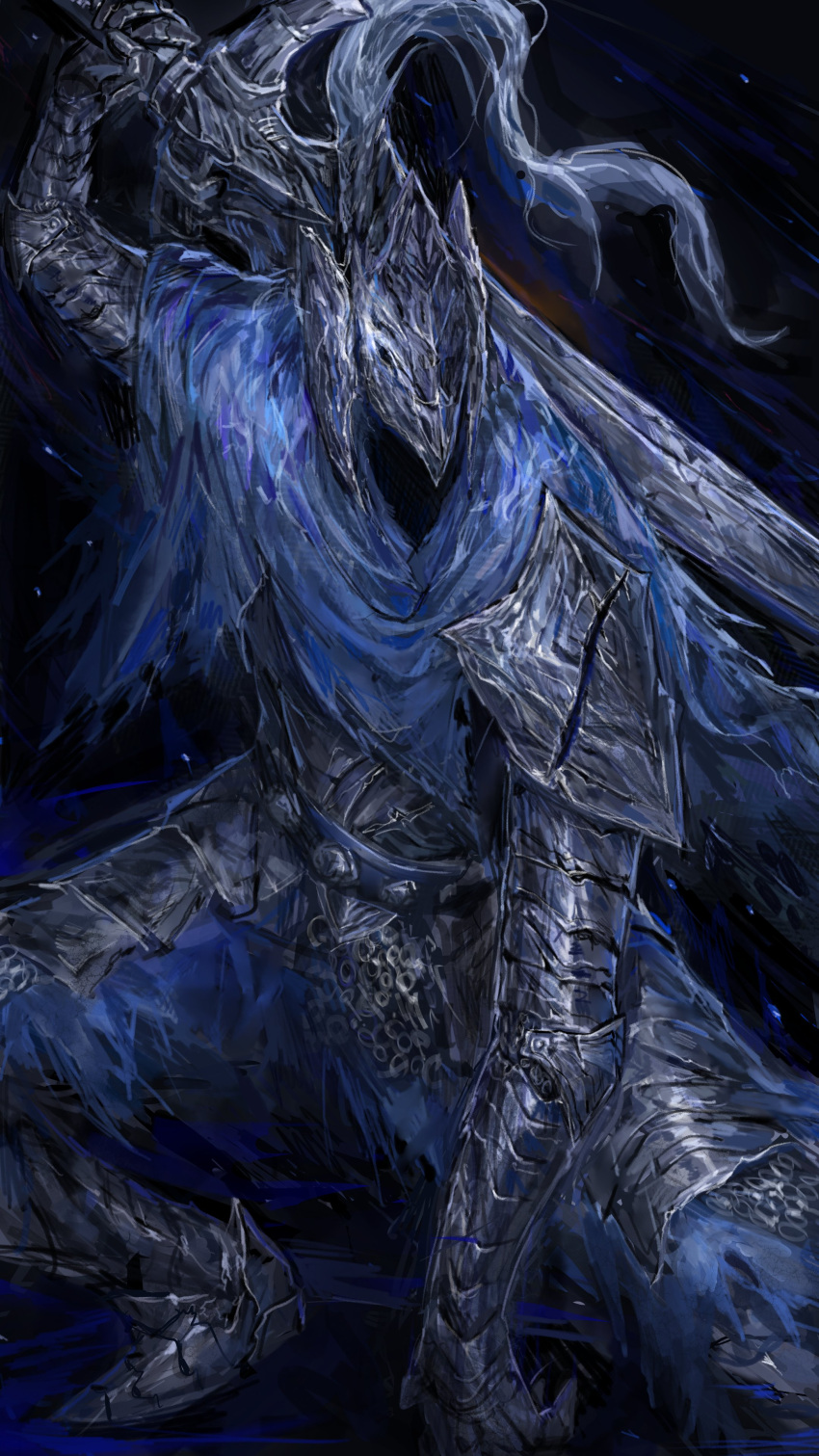 1boy absurdres armor artorias_the_abysswalker blue_cape cape commentary dark_background dark_souls_(series) dark_souls_i english_commentary gauntlets greaves helmet highres holding holding_sword holding_weapon male_focus nameno92372763 pauldrons plume sabaton shoulder_armor single_pauldron solo sword torn_cape torn_clothes weapon