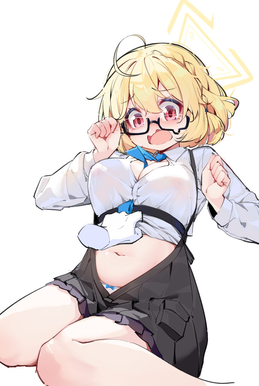 1girl 1other absurdres ahoge black-framed_eyewear black_skirt blonde_hair blue_archive blush braid breasts clothes_lift collared_shirt embarrassed glasses hair_between_eyes halo highres kotori_(blue_archive) large_breasts long_sleeves navel open_clothes open_mouth painterliuhao panties panty_peek pleated_skirt red_eyes school_uniform shirt shirt_lift short_hair sitting skirt stomach teardrop-framed_glasses tearing_up underwear wariza