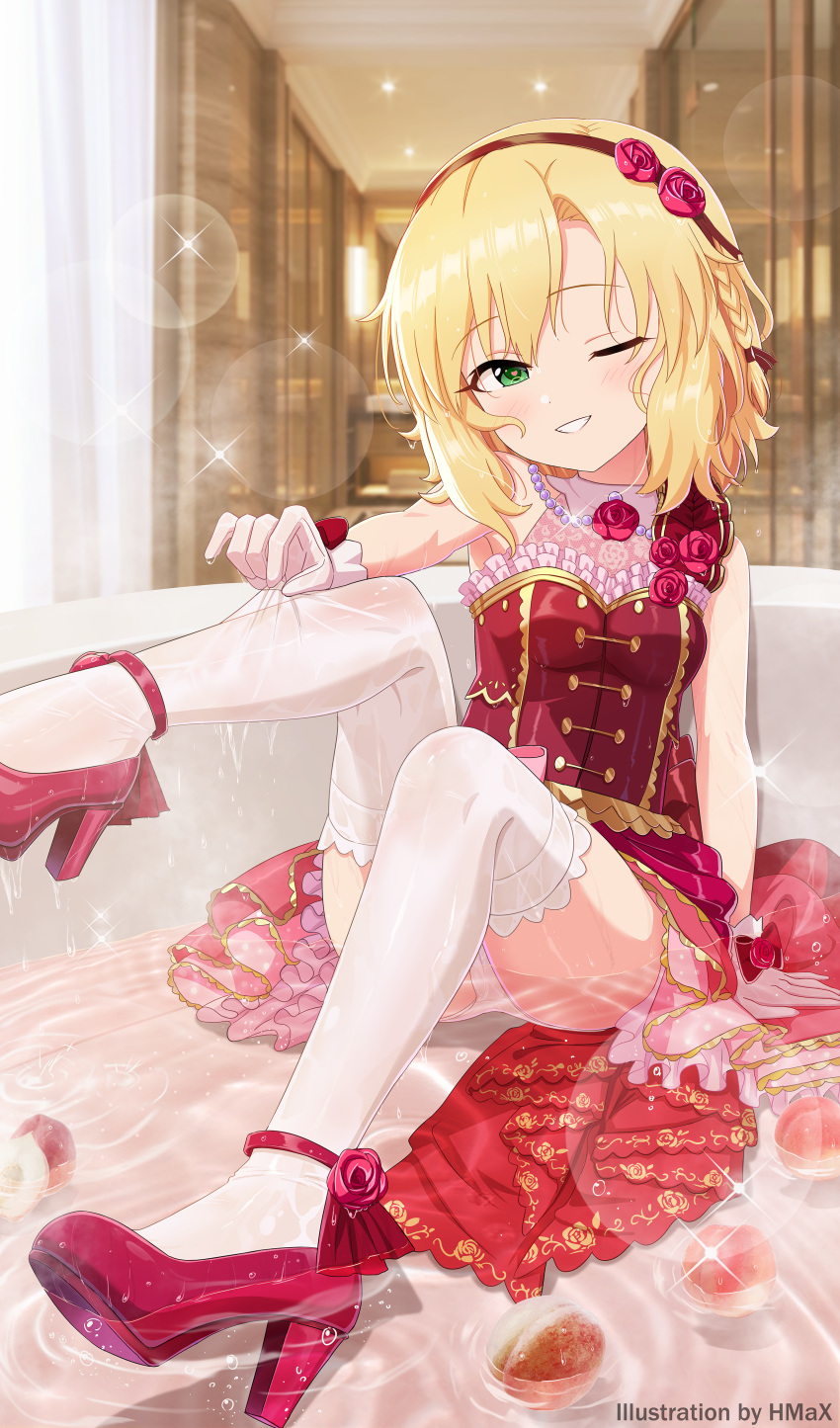 1girl absurdres bare_shoulders bathtub blonde_hair blush braid commentary_request dress flower food frilled_dress frills fruit gloves green_eyes hairband heart heart-shaped_pupils high_heels highres hmax idolmaster idolmaster_cinderella_girls idolmaster_cinderella_girls_starlight_stage one_eye_closed panties pantyshot partially_submerged peach red_dress rose sakurai_momoka smile solo symbol-shaped_pupils thighhighs thighs underwear wet wet_clothes wet_hair white_gloves white_panties white_thighhighs