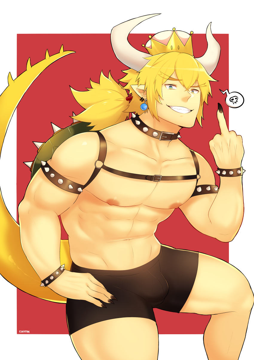 1boy abs absurdres armlet bara black_collar black_male_underwear black_tank_top blonde_hair border bowsette boxers bracelet bulge chest_harness collar commentary earrings english_commentary feet_out_of_frame fingernails forked_eyebrows fujimachine_(clayten) genderswap genderswap_(ftm) grin harness highres horns jewelry long_hair male_focus male_underwear mario_(series) middle_finger muscular muscular_male navel new_super_mario_bros._u_deluxe nipples no_shirt outside_border pectorals personification pointy_ears red_background sharp_fingernails sidepec smile solo spiked_armlet spiked_bracelet spiked_collar spiked_shell spiked_tail spikes stomach super_crown tail tank_top thick_eyebrows thick_thighs thighs topless_male turtle_shell underwear underwear_only white_border