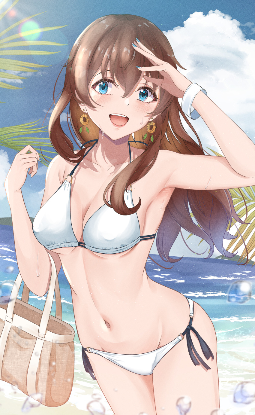 1girl :d absurdres armpits bag bare_shoulders beach bikini blue_eyes blue_nails blue_sky blush bracelet brown_hair cloud collarbone day earrings flower_earrings handbag highres idolmaster idolmaster_million_live! izuminnu jewelry lens_flare long_hair looking_at_viewer midriff nail_polish navel ocean outdoors red_lips satake_minako side-tie_bikini_bottom sky smile solo swimsuit variant_set white_bikini