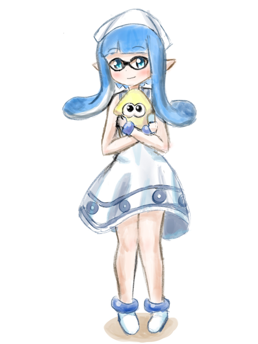 blue_eyes blue_hair cosplay dress highres ikamusume ikamusume_(cosplay) inkling_girl inkling_player_character msb_115mc shinryaku!_ikamusume smile splatoon_(series) tentacle_hair white_background white_dress white_footwear white_headwear