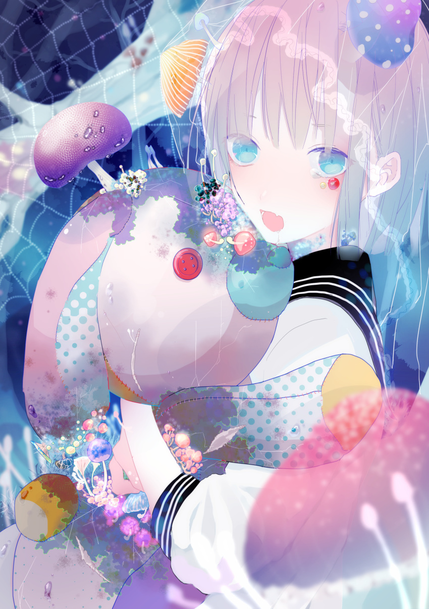 1girl :d absurdres black_sailor_collar blue_eyes blurry blurry_foreground button_eyes candy depth_of_field food fungi highres holding holding_stuffed_toy long_sleeves looking_at_viewer mushroom nakko_(7nt5ta) open_mouth original pink_hair sailor_collar school_uniform serafuku shirt short_hair silk smile solo spider_web stuffed_animal stuffed_toy upper_body white_shirt