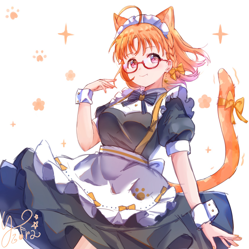 1girl absurdres ahoge alternate_costume animal_ears bespectacled breasts cat_ears cat_girl cat_tail closed_mouth dangle_earrings earrings enmaided fang fang_out glasses highres jewelry kemonomimi_mode kuntze looking_at_viewer love_live! love_live!_sunshine!! maid medium_breasts orange_hair puffy_short_sleeves puffy_sleeves red-framed_eyewear red_eyes semi-rimless_eyewear short_hair short_sleeves smile solo tail takami_chika under-rim_eyewear wrist_cuffs