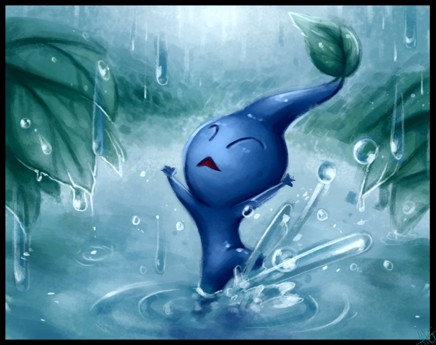 ^_^ alyssa_gerwig arms_up black_border blue_pikmin blue_skin border closed_eyes colored_skin commentary dew_drop english_commentary highres leaf making-of_available no_humans outdoors pikmin_(creature) pikmin_(series) rain solo splashing triangle_mouth wading water_drop