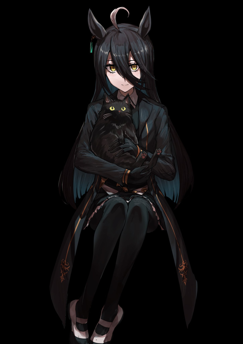 1girl ahoge animal animal_ears animal_on_lap black_background black_cat black_hair cat cat_ears dark_background earrings hair_between_eyes highres holding holding_animal holding_cat horse_ears horse_girl jewelry karate_(karatedazey) long_bangs long_hair long_sleeves looking_at_viewer manhattan_cafe_(umamusume) multicolored_hair necktie on_lap shirt simple_background single_earring sitting skirt umamusume whiskers white_hair yellow_eyes