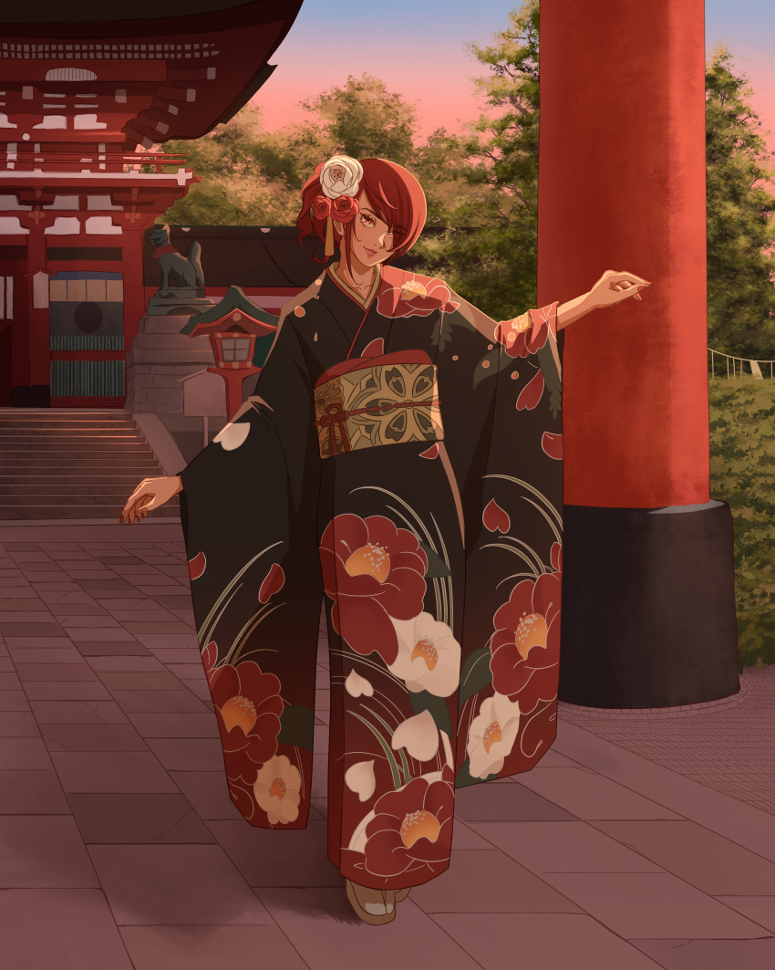 1girl absurdres alternate_hairstyle black_kimono flower hair_flower hair_ornament hair_over_one_eye highres japanese_clothes kimono kirijou_mitsuru looking_at_viewer multicolored_clothes persona persona_3 pillar red_hair solo temple tree version5art