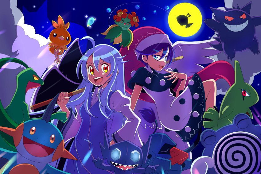 2girls :d absurdres asatsuki_(fgfff) bangs bellossom blue_eyes commentary_request doremy_sweet dress feebas gengar grovyle hand_up hat highres holding larvitar long_hair long_sleeves marshtomp moon multiple_girls night nosepass open_mouth outdoors pokemon pokemon_(creature) poliwhirl purple_shirt sableye sariel_(touhou) shirt sky smile tongue torchic touhou touhou_(pc-98)