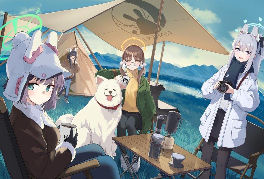 4girls absurdres animal animal_ears black_gloves black_hair black_pantyhose black_scarf blue_archive blue_halo blue_pants blush brown_hair brown_jacket camera camping closed_mouth coffee cup day dog fake_animal_ears gloves green_eyes green_halo green_jacket grey_hair grey_halo grey_jacket halo highres holding holding_camera holding_cup inapple jacket long_hair long_sleeves looking_at_viewer miyako_(blue_archive) miyu_(blue_archive) moe_(blue_archive) multiple_girls one_side_up open_clothes open_jacket open_mouth outdoors pants pantyhose purple_eyes rabbit_ears rabbit_platoon_(blue_archive) saki_(blue_archive) scarf short_hair smile sweater tent twintails yellow_eyes yellow_halo yellow_sweater