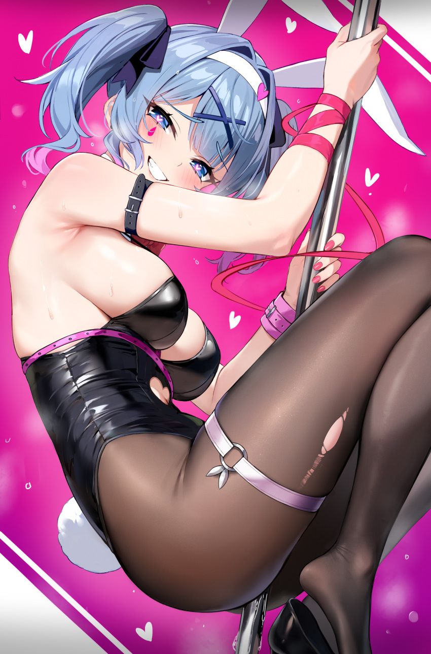 1girl absurdres animal_ears black_leotard blue_eyes blue_hair breasts brown_pantyhose clenched_teeth commentary_request dombear fake_animal_ears hair_ornament hairband hatsune_miku heart heart-shaped_pupils highres large_breasts leotard looking_at_viewer pantyhose pink_background playboy_bunny pole_dancing rabbit_ears rabbit_hole_(vocaloid) smile solo sweat symbol-shaped_pupils teeth vocaloid white_hairband x_hair_ornament