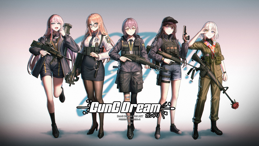 5girls :d assault_rifle bandaid bandaid_on_knee bandaid_on_leg bang_dream! bang_dream!_it's_mygo!!!!! black-framed_eyewear black_footwear black_jacket black_necktie black_pantyhose black_shorts black_skirt black_socks blue_eyes breasts brown_eyes brown_hair brown_jacket brown_pants brown_pantyhose bullpup chihaya_anon closed_mouth collared_shirt commentary_request cuffs drawstring flower glasses grey_eyes gun hair_between_eyes handcuffs handgun heterochromia high_heels highres holding holding_gun holding_weapon jacket kaname_raana long_hair long_sleeves m4_carbine medium_breasts multiple_girls mygo!!!!!_(bang_dream!) nagasaki_soyo necktie off_shoulder open_clothes open_jacket p90 pants pantyhose parted_bangs pink_hair puffy_long_sleeves puffy_sleeves pump_action red_flower red_rose rifle rose round_eyewear shiina_taki shirt shoes shorts shotgun single_leg_pantyhose skirt smile socks spas-12 standing standing_on_one_leg submachine_gun takamatsu_tomori very_long_hair weapon weapon_request white_hair white_shirt yellow_eyes yurichtofen