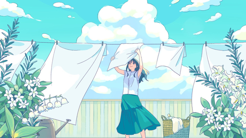 1girl arms_up basket black_hair blue_sky clothesline cloud cloudy_sky cumulonimbus_cloud day feet_out_of_frame fence flower green_skirt green_sky holding laundry laundry_basket lily_of_the_valley long_hair open_mouth original outdoors plant shirt short_sleeves skirt sky solo standing tamiura_0422 white_flower white_shirt