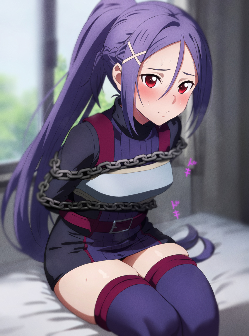 absurdres blush hair_between_eyes hair_ornament high_ponytail highres mito_(sao) nuguri444 purple_hair red_eyes sword_art_online thighhighs x_hair_ornament