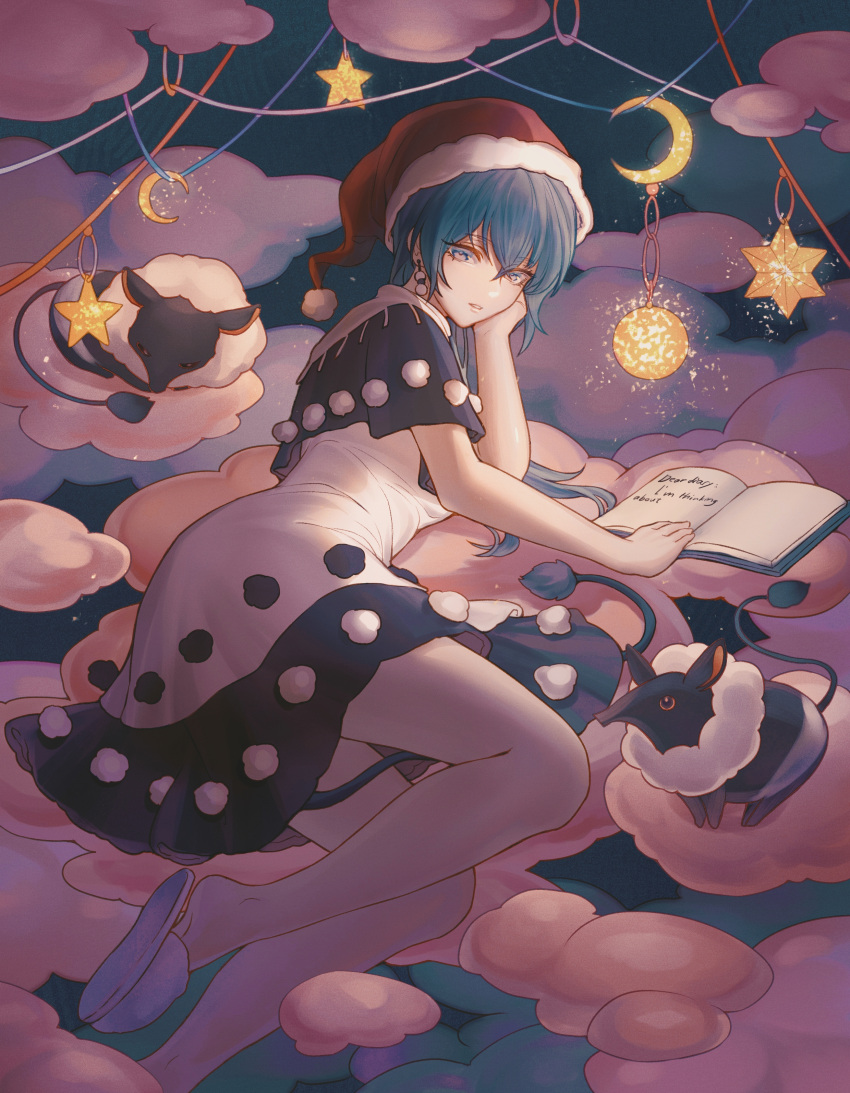 1girl absurdres arm_support black_dress blue_eyes blue_hair book capelet cloud crescent doremy_sweet dress earrings gyokudama_(niku) hat head_on_hand highres jewelry long_hair looking_at_viewer on_cloud open_book pink_clouds santa_hat slippers solo star_(symbol) tapir touhou two-tone_dress white_dress