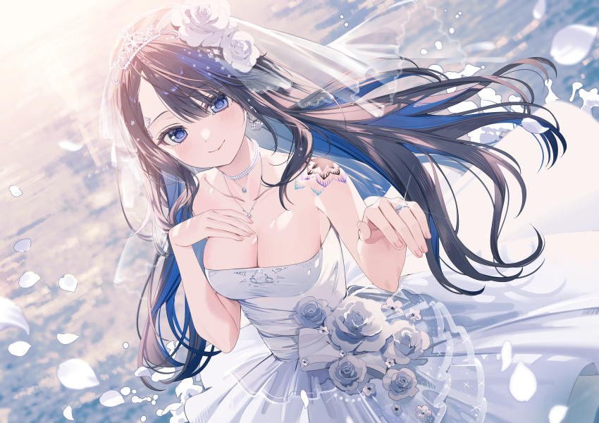 1girl a20_(atsumaru) absurdres airi_kanna arm_tattoo bare_shoulders black_hair blue_hair breasts bridal_veil cleavage closed_mouth collarbone commentary_request dress dutch_angle flower highres jewelry long_hair looking_at_viewer medium_breasts multicolored_hair necklace ring rose sidelocks smile solo stellive tattoo two-tone_hair veil virtual_youtuber wedding_dress wedding_ring white_dress white_flower white_petals white_rose