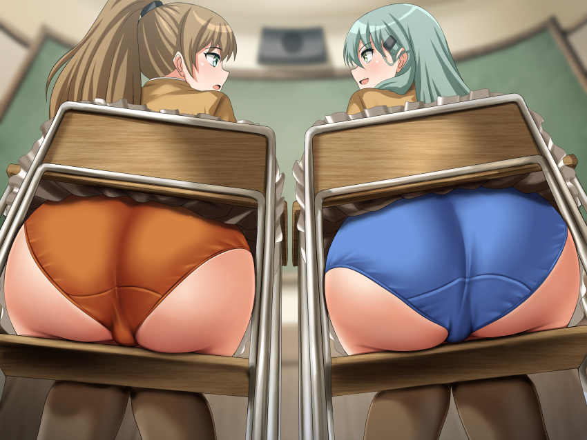 2girls absurdres ass blue_panties brown_hair brown_skirt brown_thighhighs chair classroom frilled_skirt frills from_behind green_eyes green_hair hair_ornament hairclip highres indoors kantai_collection kumano_(kancolle) kumano_kai_ni_(kancolle) long_hair miniskirt multiple_girls orange_panties panties ponytail school_chair school_uniform sitting skirt suzuya_(kancolle) suzuya_kai_ni_(kancolle) thighhighs underwear zanntetu